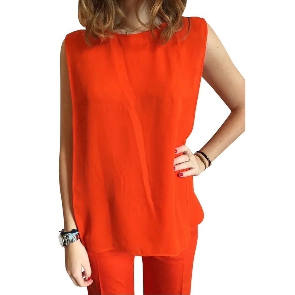 STELLA MCCARTNEY Silk Chiffon Sleeveless Front Overlay Scoop Neck Tunic Top 4